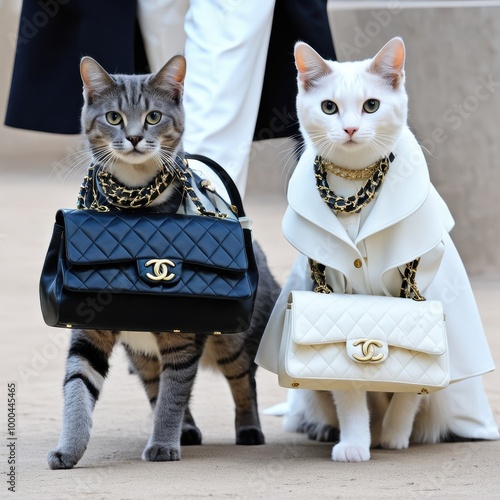 Two fashionable cats with handbags walking together in a stylish setting. photo