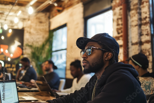 African American person working on laptop in trendy Brooklyn office, fostering creativity and innovation