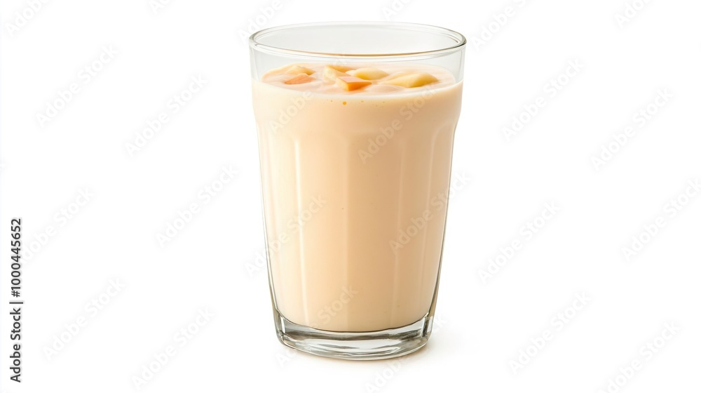 A glass of custard apple smoothie with custard apple pieces on solid white background, single object A glass of custard apple smoothie with custard apple pieces on solid white background, single object