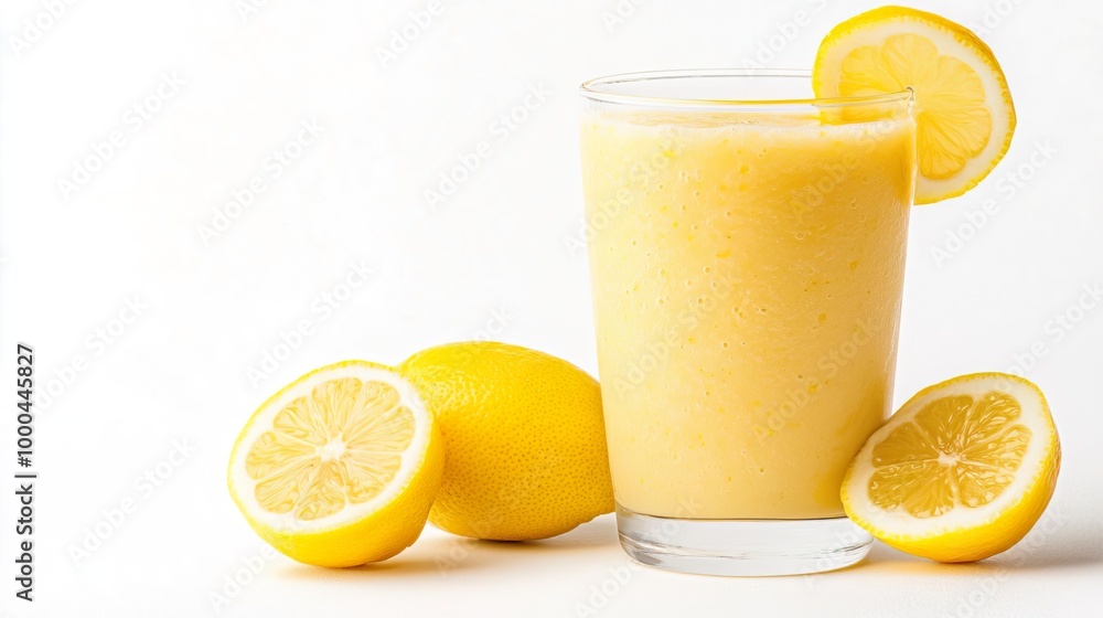 A glass of lemon smoothie with lemon slices on solid white background, single object A glass of lemon smoothie with lemon slices on solid white background, single object