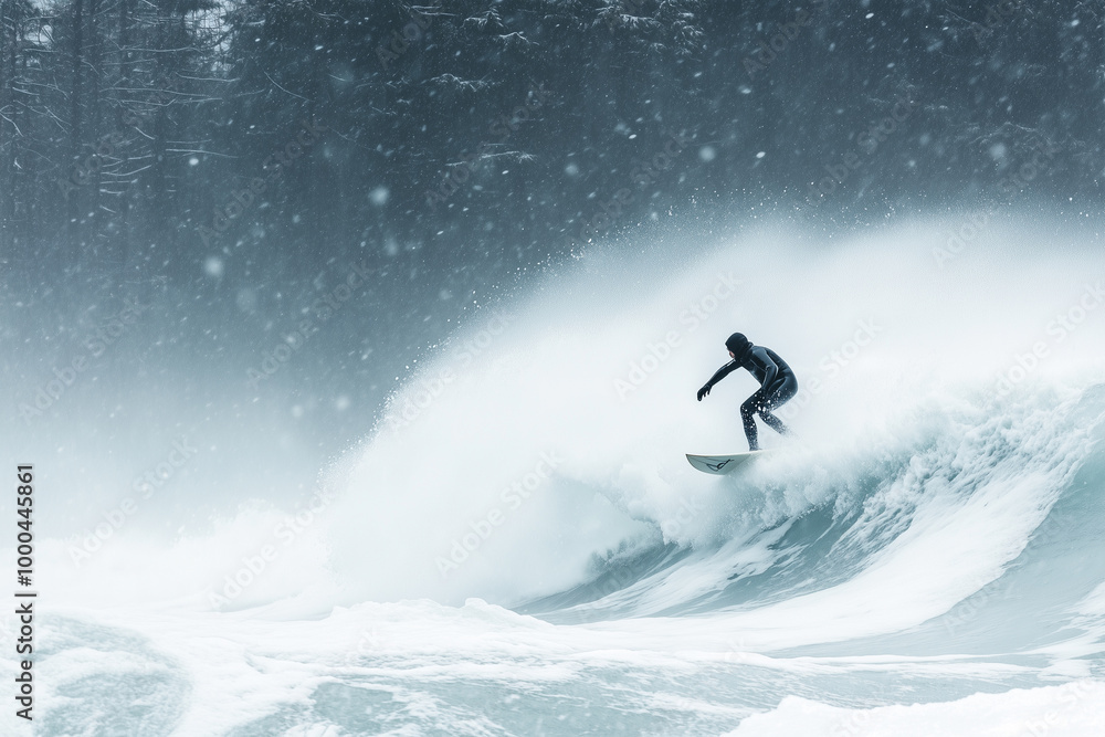 Surfer catching a wave amidst a snowstorm in Alaska's winter Surfer catching a wave amidst a snowstorm in Alaska's winter