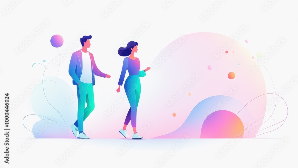 Two stylized figures walking against a colorful abstract background. Two stylized figures walking against a colorful abstract background.