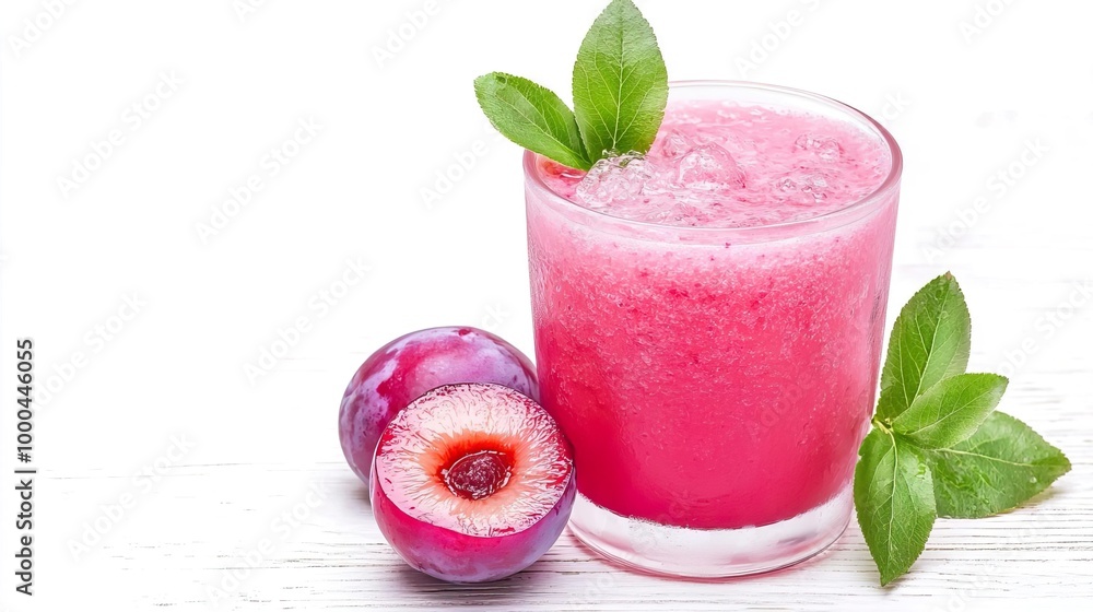 A glass of plum smoothie with sliced plums on solid white background, single object A glass of plum smoothie with sliced plums on solid white background, single object