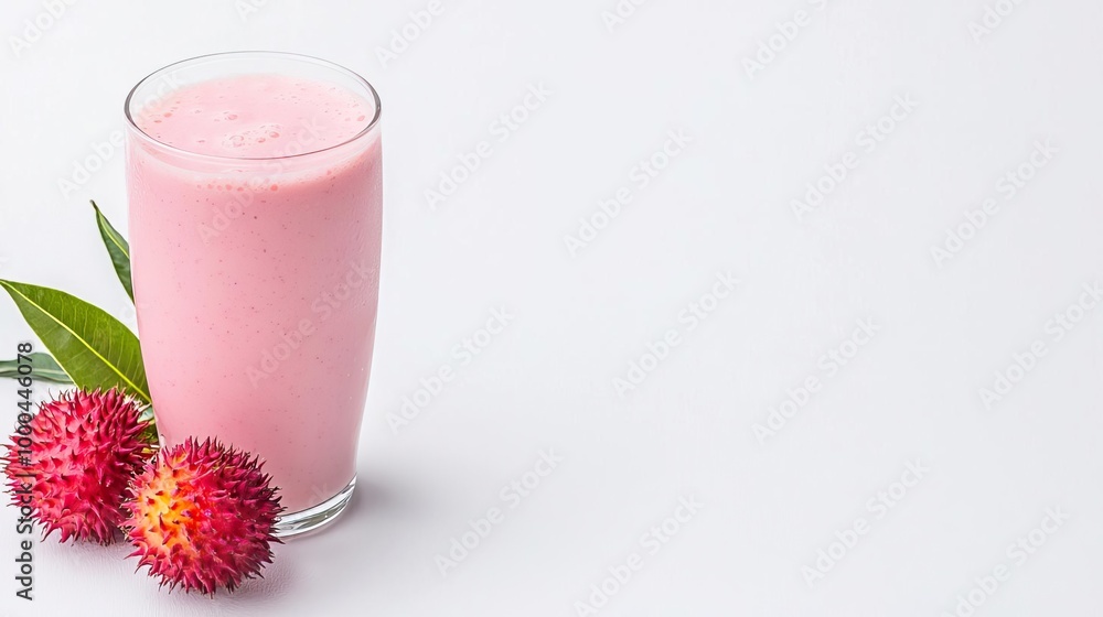 A glass of rambutan smoothie with peeled rambutans on solid white background, single object A glass of rambutan smoothie with peeled rambutans on solid white background, single object