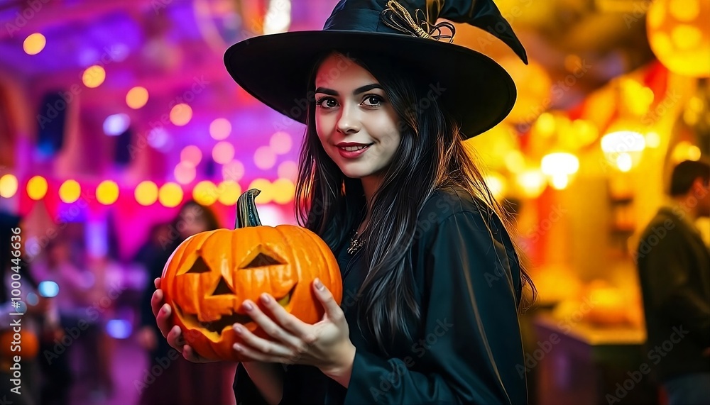 woman wearing witch costume holding a jack-o'-lantern pumpkin, colorful carnival or festival background in a room of Halloween dark themed created with generative ai. woman wearing witch costume holding a jack-o'-lantern pumpkin, colorful carnival or festival background in a room of Halloween dark themed created with generative ai.