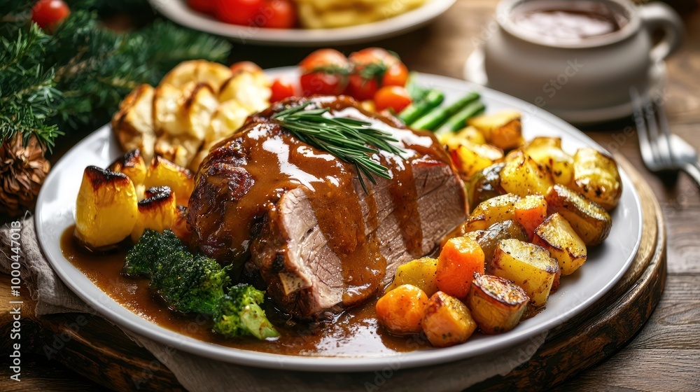 A hearty roast dinner served on a plate, complete with vegetables and gravy A hearty roast dinner served on a plate, complete with vegetables and gravy