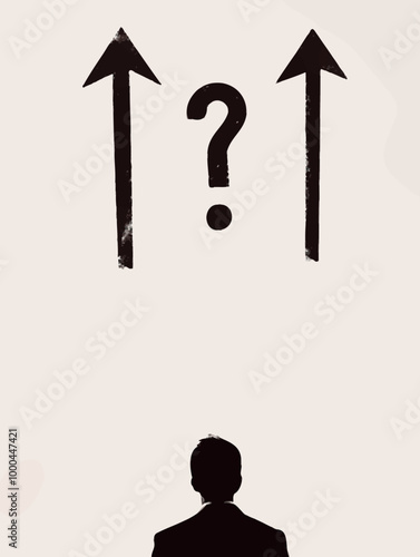 A solitary figure stands beneath a question mark and directional arrows, symbolizing decision-making and uncertainty, portraying a metaphorical crossroads in life’s journey.
