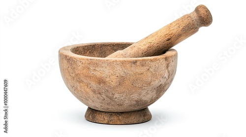 Wooden mortar and pestle isolated on white background