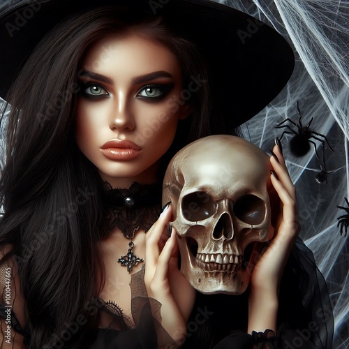 young woman in witch makeup, wearing witch's hat & holding a skull in front of a spiderweb background at Halloween party home , day of dead created with generative ai.	 photo