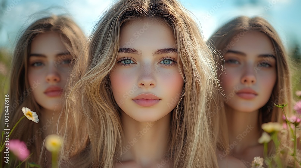 Triple exposure portrait of woman with blonde hair, green eyes and soft skin, in a field of wildflowers. Triple exposure portrait of woman with blonde hair, green eyes and soft skin, in a field of wildflowers.