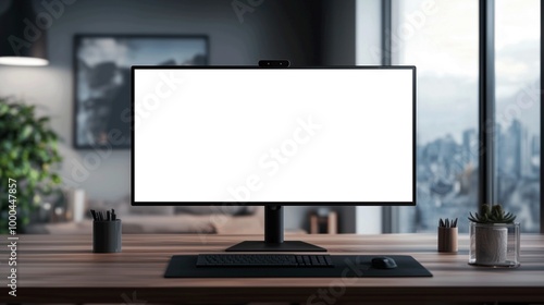 Mockup of widescreen monitor in office, AI-generative