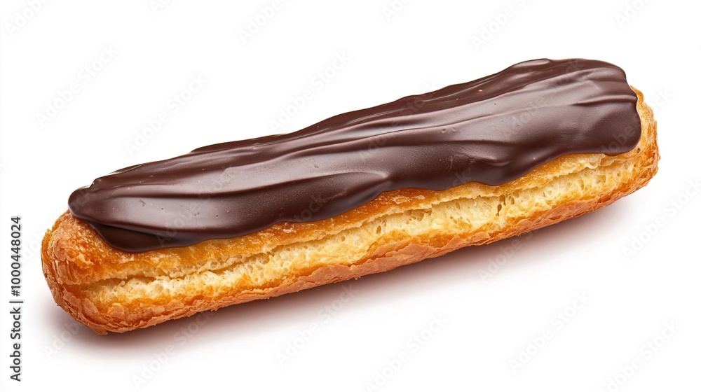A chocolate eclair on solid white background, single object A chocolate eclair on solid white background, single object