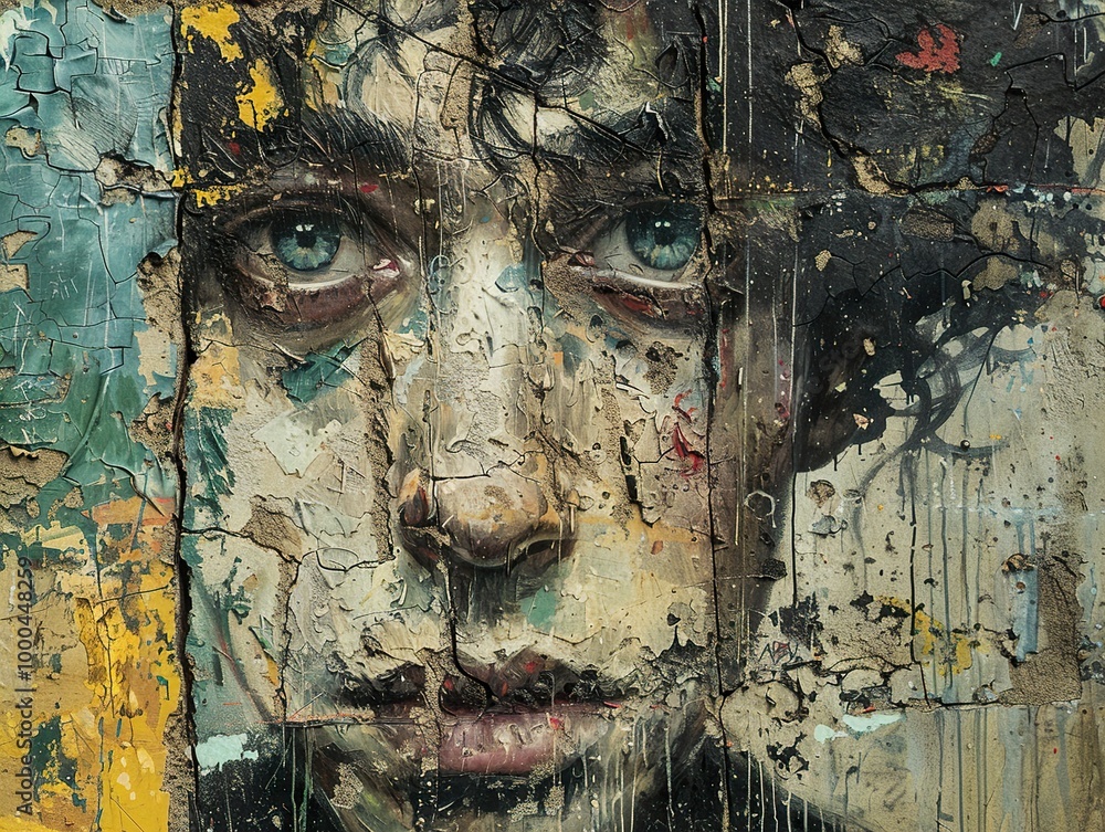 Intense Portrait on a Weathered Wall: A Study in Human Expression Intense Portrait on a Weathered Wall: A Study in Human Expression
