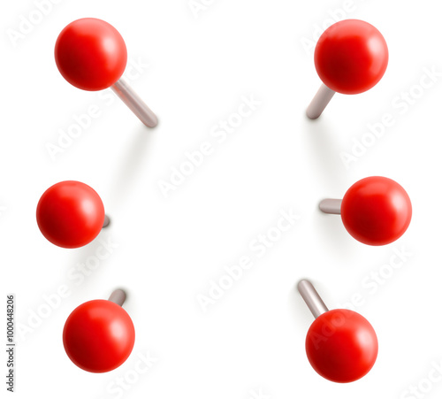Set of red push pins. Thumbtacks ready for your design. Different angle view. Vector illustration isolated on white background