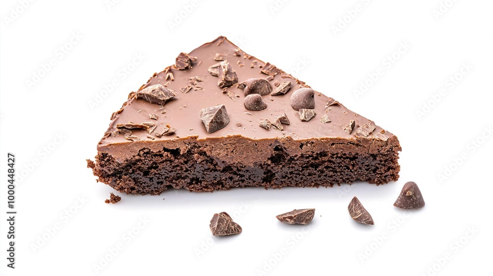 A slice of flourless chocolate cake on solid white background, single object A slice of flourless chocolate cake on solid white background, single object