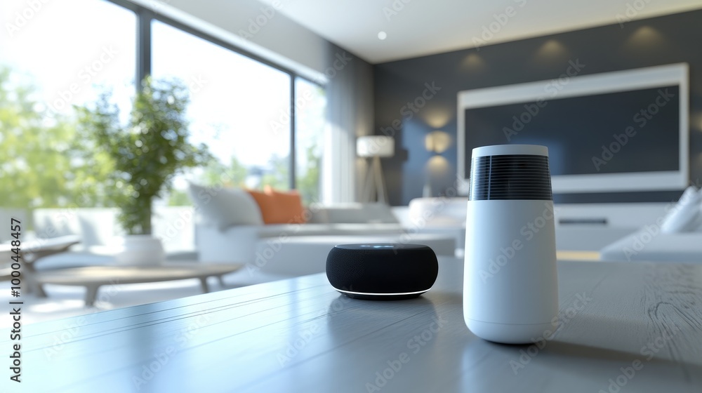 Smart Home Speaker in Luxurious Living Room with Modern Interior Design Smart Home Speaker in Luxurious Living Room with Modern Interior Design