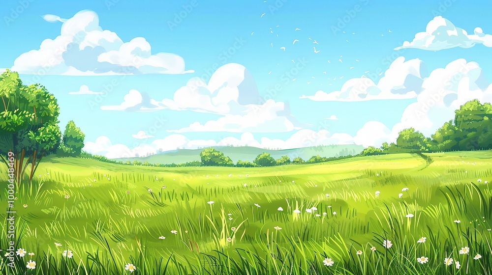 Adorable Cartoon Grassland Background: A Charming and Whimsical Scene. Delight in the Colorful and Fun Atmosphere Adorable Cartoon Grassland Background: A Charming and Whimsical Scene. Delight in the Colorful and Fun Atmosphere