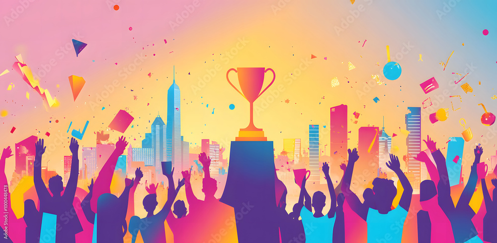 Vibrant Trophy Celebration with Crowd and Cityscape Vibrant Trophy Celebration with Crowd and Cityscape