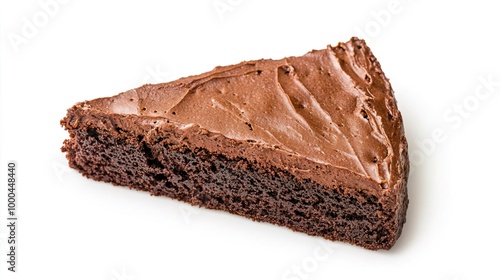 A slice of flourless chocolate cake on solid white background, single object photo