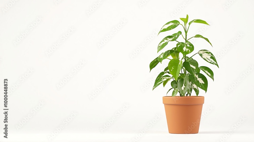 A variegated Fatsia japonica in a terracotta pot on solid white background, single object A variegated Fatsia japonica in a terracotta pot on solid white background, single object