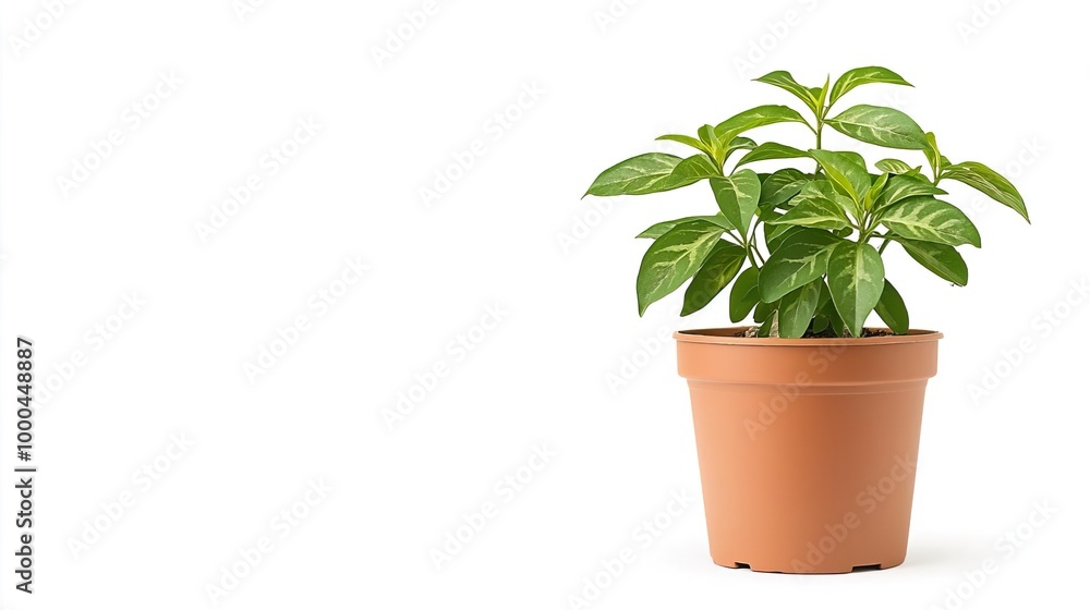 Fototapeta premium A variegated Fatsia japonica in a terracotta pot on solid white background, single object