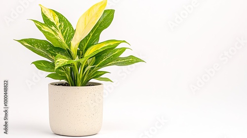 A variegated Cordyline in a ceramic pot on solid white background, single object