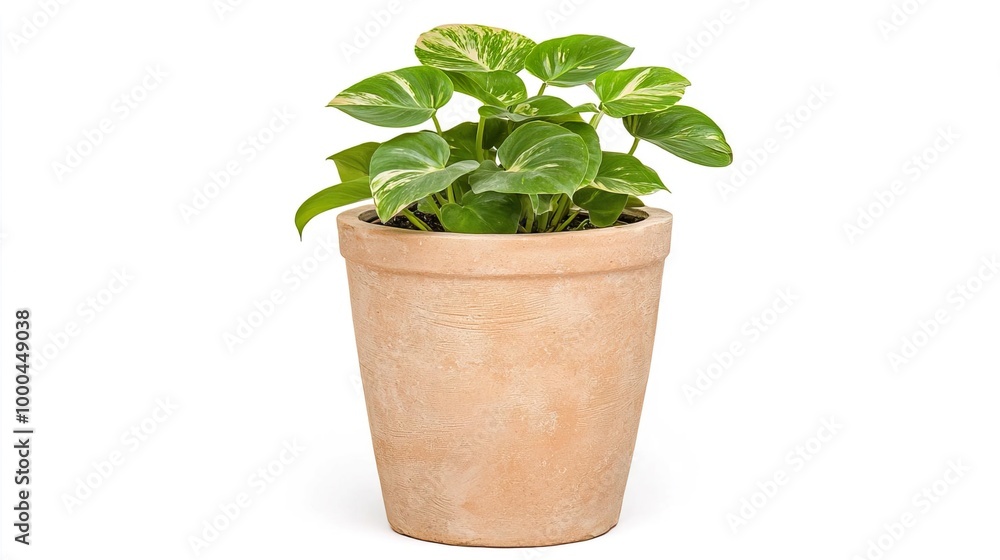 A variegated Philodendron in a decorative pot on solid white background, single object A variegated Philodendron in a decorative pot on solid white background, single object