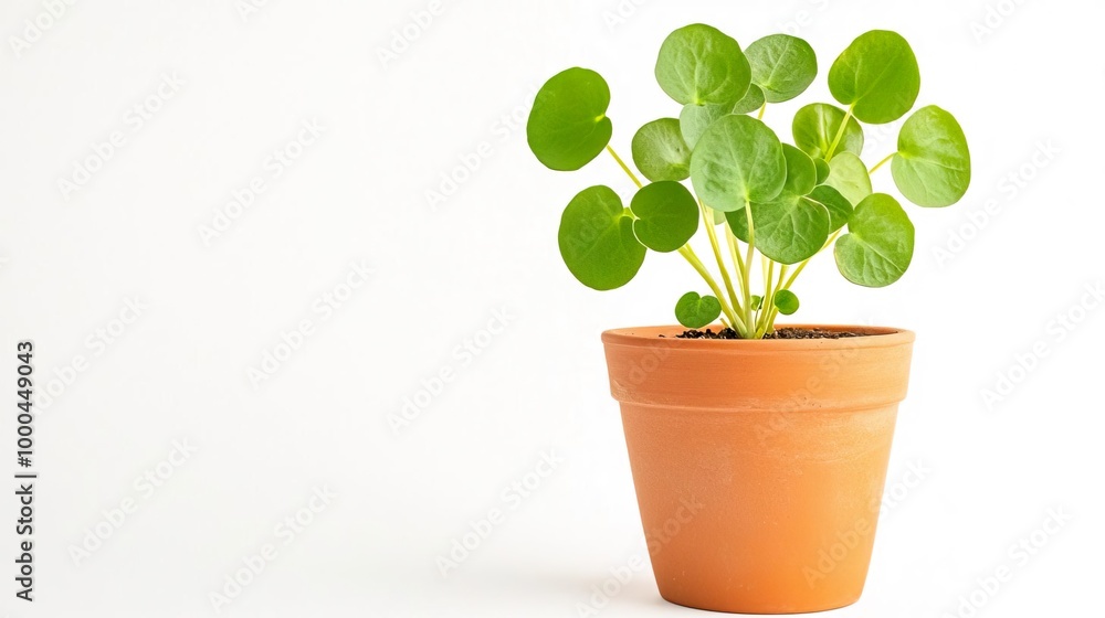 A variegated Pilea in a minimalistic pot on solid white background, single object A variegated Pilea in a minimalistic pot on solid white background, single object