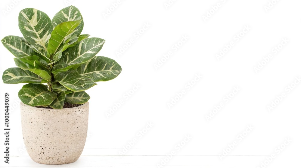 A variegated Rubber fig in a tall pot on solid white background, single object A variegated Rubber fig in a tall pot on solid white background, single object