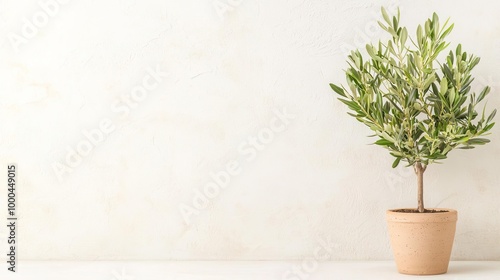 A variegated Olive tree in a modern ceramic pot on solid white background, single object