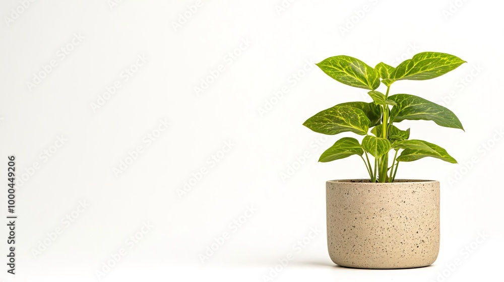 A variegated Syngonium in a ceramic planter on solid white background, single object A variegated Syngonium in a ceramic planter on solid white background, single object
