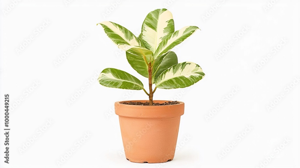 Fototapeta premium A variegated Rubber plant in a terracotta pot on solid white background, single object