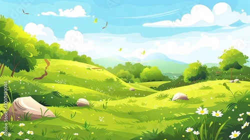 Adorable Cartoon Grassland Background: A Charming and Whimsical Scene. Delight in the Colorful and Fun Atmosphere