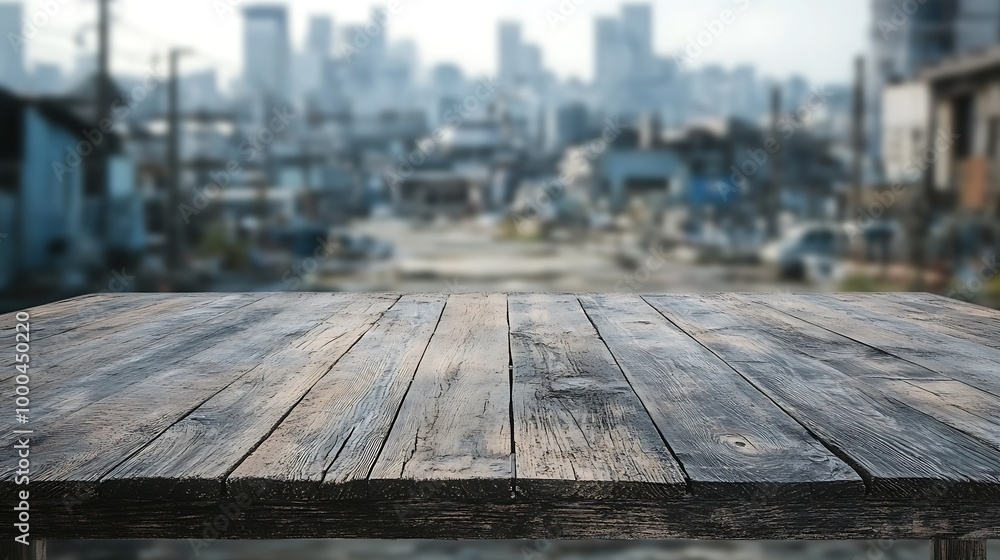 Rustic wooden table top with blurred city background. Rustic wooden table top with blurred city background.