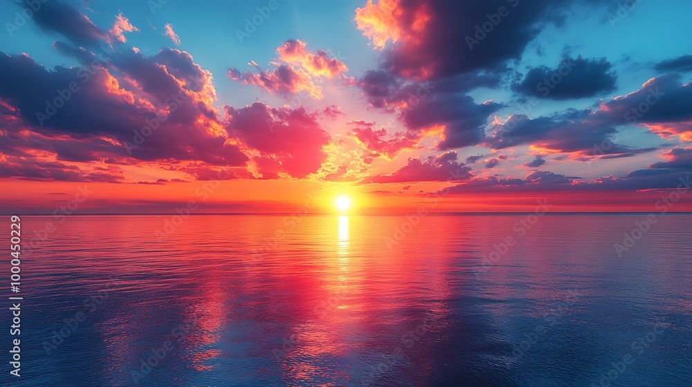 Stunning Colorful Sunset Over Ocean with Dramatic Clouds Stunning Colorful Sunset Over Ocean with Dramatic Clouds