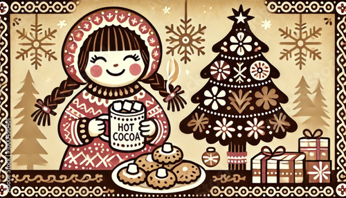 Cute Christmas Illustration with Girl and Cocoa