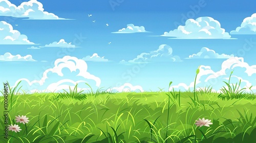 Adorable Cartoon Grassland Background: A Charming and Whimsical Scene. Delight in the Colorful and Fun Atmosphere