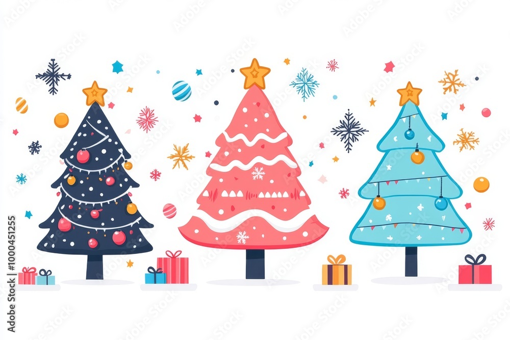 Obraz premium Cute Christmas trees decorated with ornaments and presents set against a snowy city backdrop creating a playful holiday scene filled with seasonal joy and charm