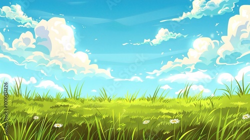 Adorable Cartoon Grassland Background: A Charming and Whimsical Scene. Delight in the Colorful and Fun Atmosphere