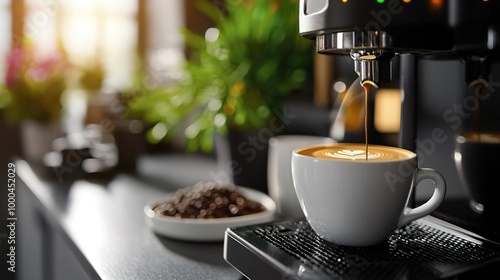 Espresso machine making coffee with latte art.