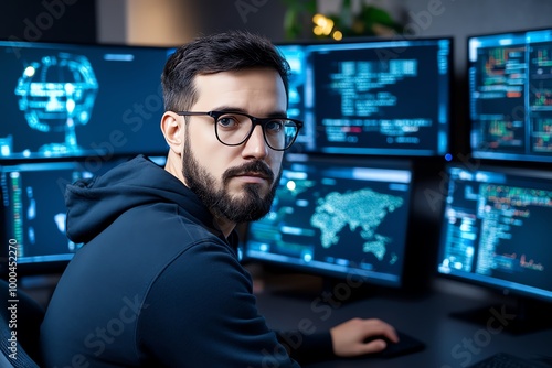 Hacker in front of multiple monitors, showing layers of encrypted data, digital maps, and surveillance feeds, symbolizing the scope of their activities