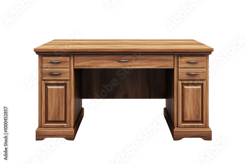 Wooden desk with drawers, white isolated background. transparent background
