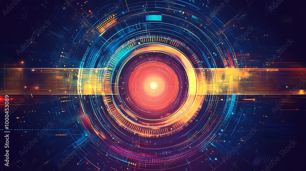 Abstract digital background with glowing rings and bright light in the center. Abstract digital background with glowing rings and bright light in the center.