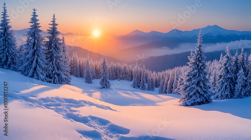 Snow covered mountain landscape with winter sunset, pine trees and footprints in the snow