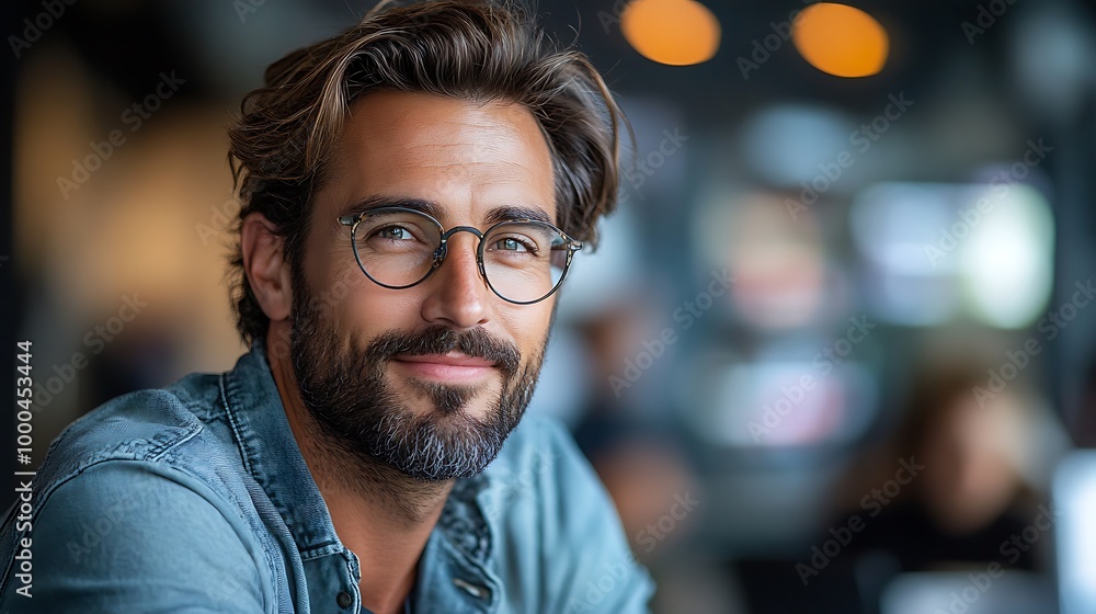 Handsome man with beard and glasses smiling in a cafe. Portrait of a confident stylish guy. Handsome man with beard and glasses smiling in a cafe. Portrait of a confident stylish guy.