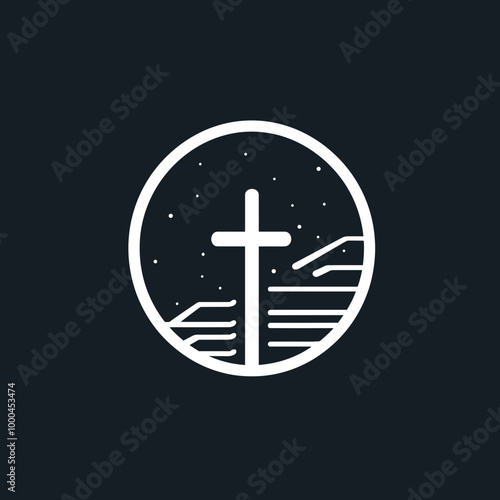 Stylized vector icon of a cross surrounded by hands and stars in a circular design on a dark background
