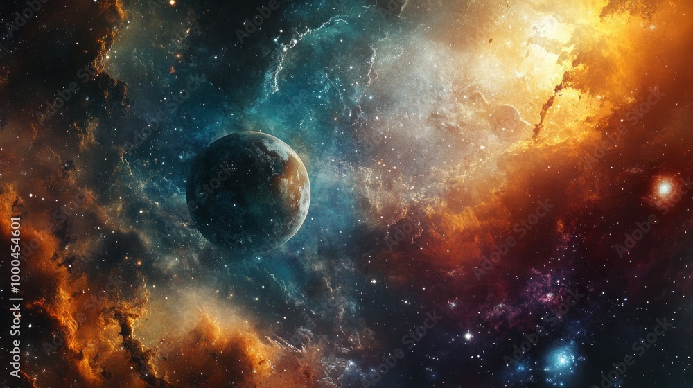 A Single Planet in a Starry Expanse with Orange and Blue Nebulas A Single Planet in a Starry Expanse with Orange and Blue Nebulas