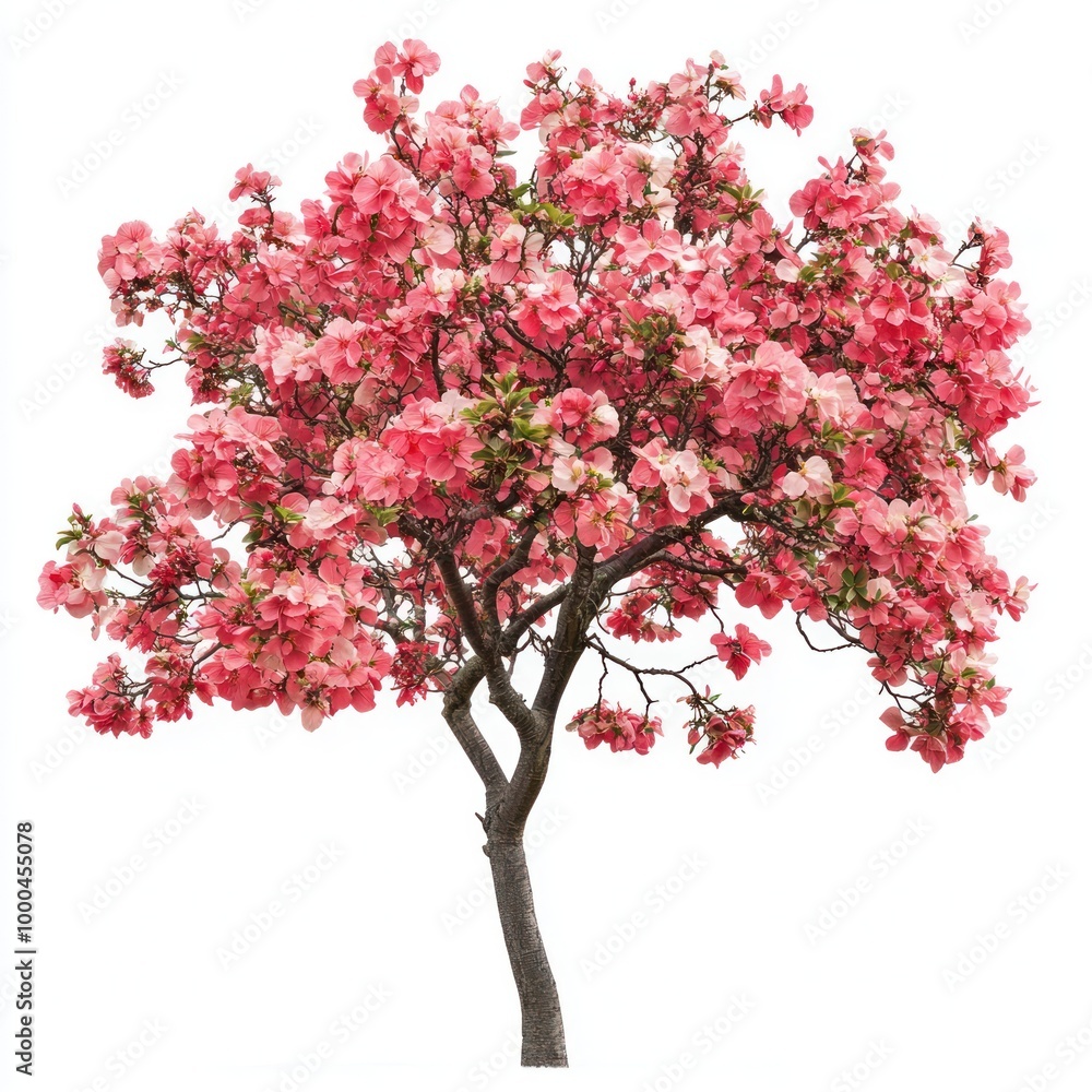 A flowering tree with bright blossoms, isolated on white, highlighting its vivid colors and soft petals A flowering tree with bright blossoms, isolated on white, highlighting its vivid colors and soft petals