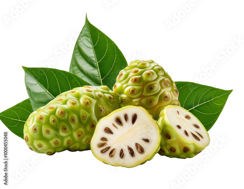 or Morinda Citrifolia fruits with sliced and green leaf isolated on transparent background