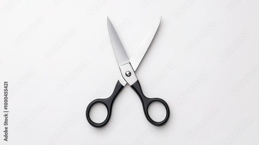 Silver scissors with black handles on white background Silver scissors with black handles on white background